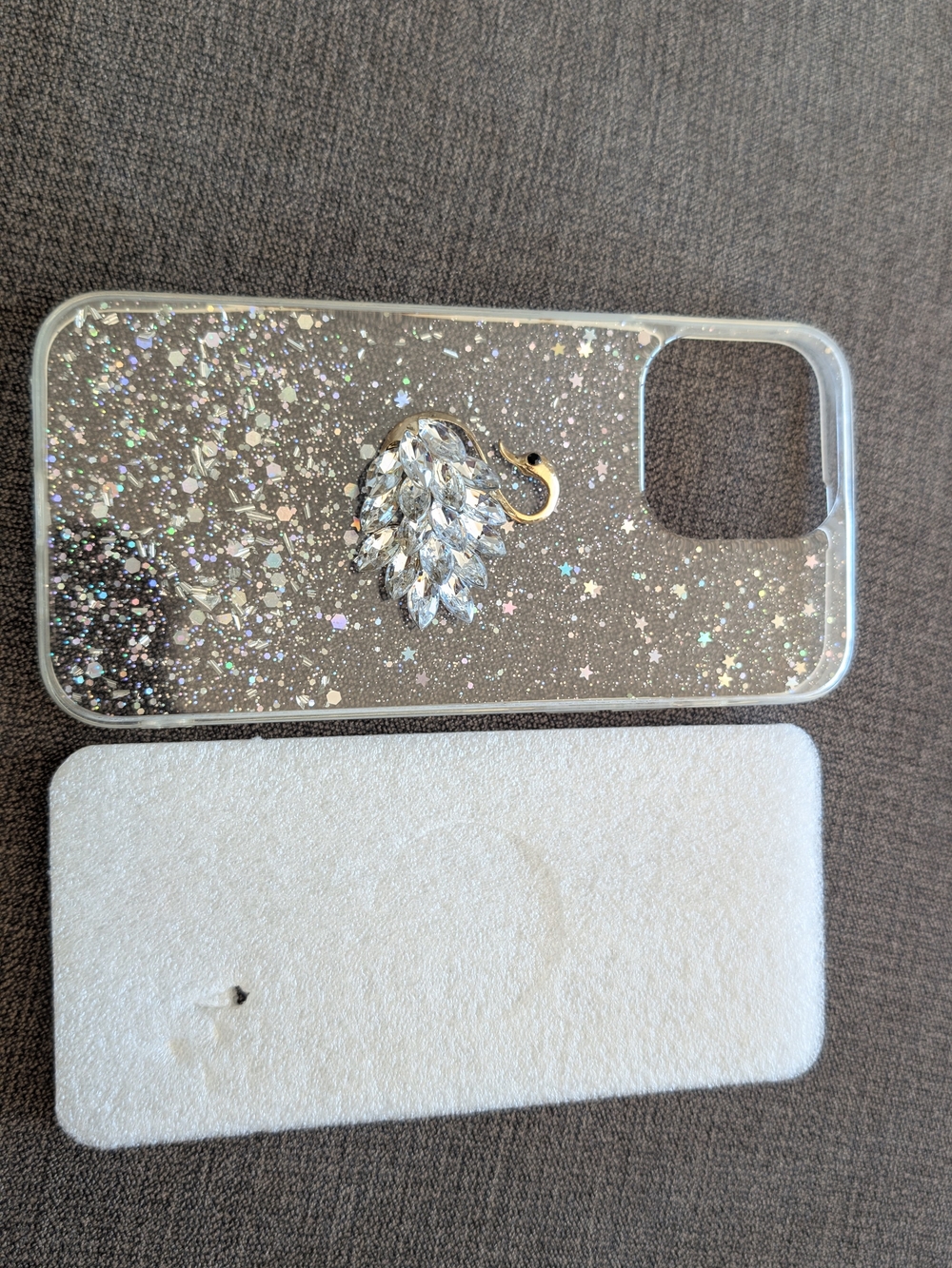 iPhone 15 Pro Max Clear Glitter Swan Phone Case with Rhinestone Accent